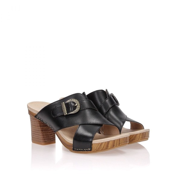 Dansko Amy Black Leather Wood Heel Sandals Women's Size 37 Clogs Mules 6.5-7 - Picture 1 of 10